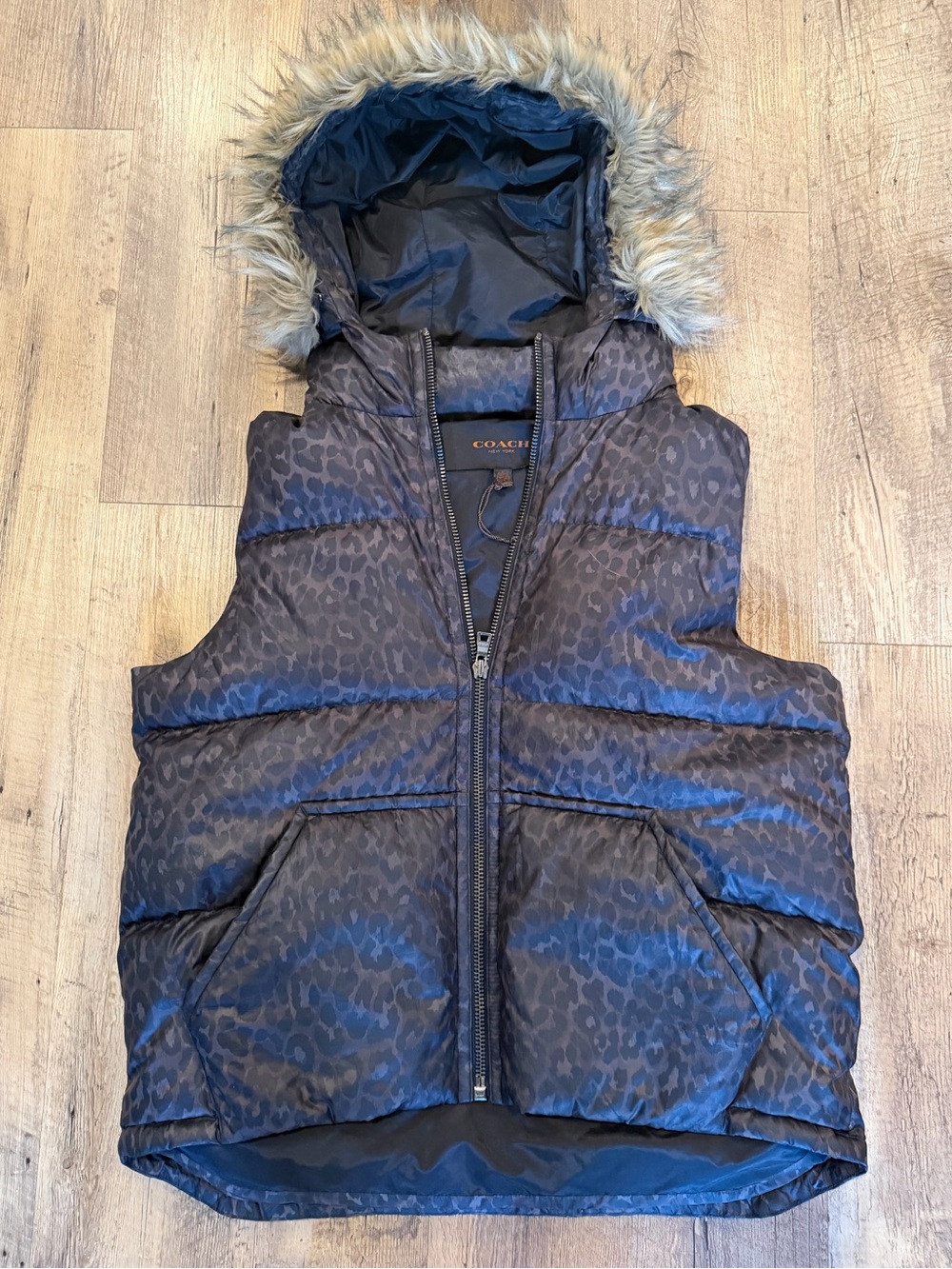 Coach Leopard Brown Quilted Vest with Faux Fur  Hood Large